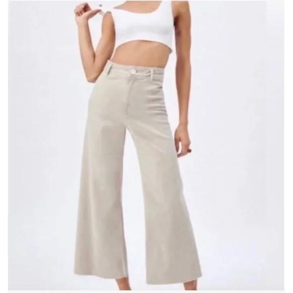 Zara Tan High Rise Marine Wide Leg Cropped Denim Jeans Raw Hem Size 8 Sailor - Picture 7 of 7